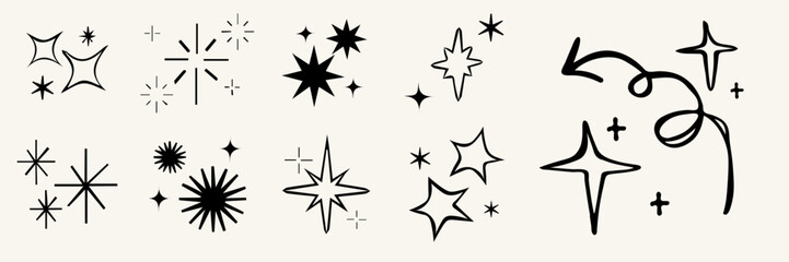 Retro futuristic sparkle icons collection. Set of star shapes. Abstract cool shine effect sign vector design. Templates for design, posters, projects, banners, logo, and business cards
