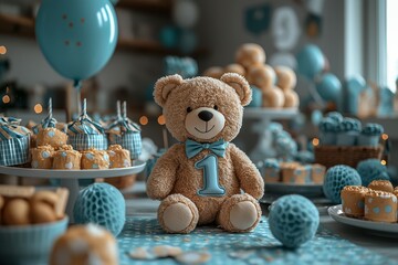 First birthday napkins for baby boy with blue and grey teddy bear design and number one balloon for party decoration
