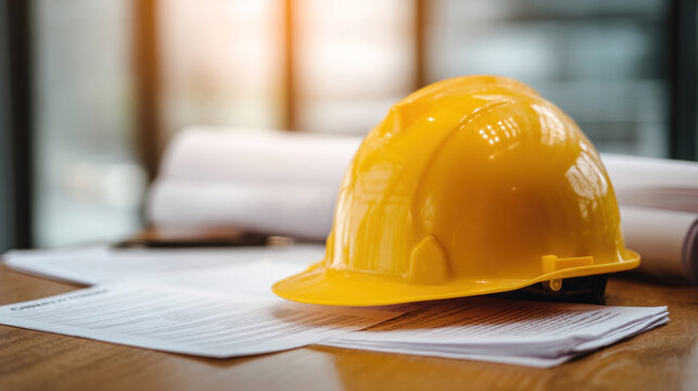 Yellow hard hat placed beside legal documents on a clean wooden table, contract papers with safety regulations, soft daylight, professional construction law concept, minimal corporate setup
