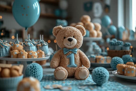 First birthday napkins for baby boy with blue and grey teddy bear design and number one balloon for party decoration