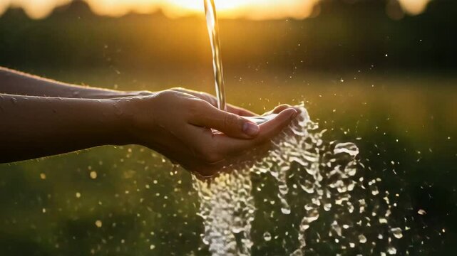 Hands catching water drops at golden sunset