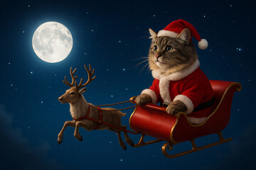 A Santa Claus Cat Flying in the Night Sky with a Reindeer Sleigh, Generative AI