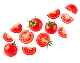 Fototapeta premium Fallende Tomaten isoliert auf weißen Hintergrund 