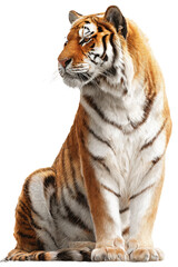 Fototapeta premium A magnificent tiger sits, showcasing its beautiful orange and black striped fur, looking alert.