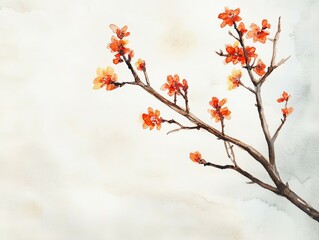 Fototapeta premium Vibrant watercolor painting of a flowering branch with orange and yellow blossoms, set against a soft gradient beige and grey textured paper background, capturing serenity, delicacy