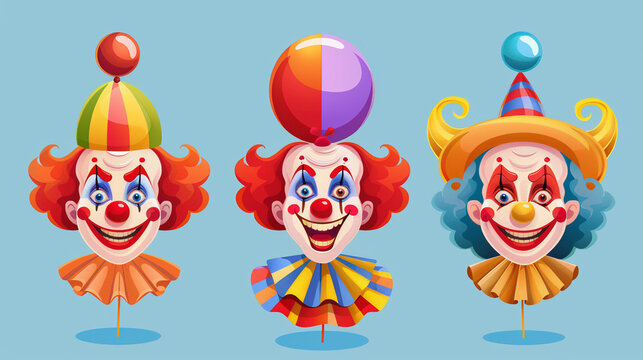 Set of cartoon clowns, jokers with color hairstyles, circus hats and red noses. Vector illustration collection isolated on white background. Crazy comic clownish masks with balloons 