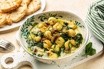 Cuttlefish with spinach, Greek classic meal. Toasted bread.