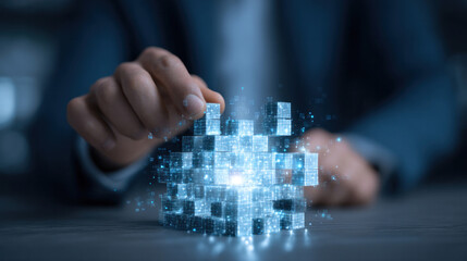 Businessman assembling digital blocks into futuristic structure, glowing holographic interface in background, concept of strategic growth and innovation in business technology