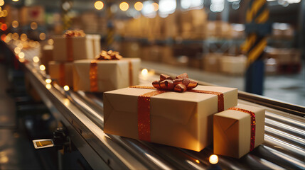 Christmas gift box packages concealment on a blurred conveyor belt in a warehouse holiday design concept
