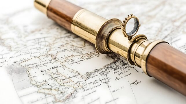 A vintage spyglass rests atop a detailed historical world map