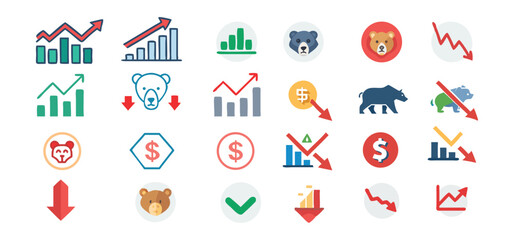 Colorful illustration depicting financial markets trends stock market fluctuations and economic indicators with rising and falling values