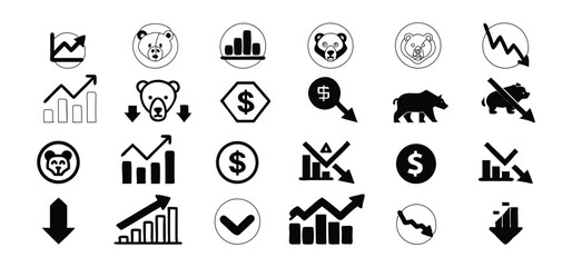 Black and white icons depicting financial concepts including bears graphs dollar signs and arrow symbols.