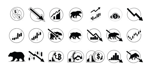 Various black and white illustrations depicting bear markets financial downturns economic recession and trading