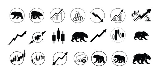 Naklejka premium Stock market and cryptocurrency financial concepts depicted through stylized bear and bull icons in monochrome design.