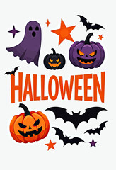 Bold & Spooky "HALLOWEEN" Vector: Gothic Lettering with Pumpkins, Bats & Ghosts - Flat, Bright Colors on Pure White Background with Margins.
