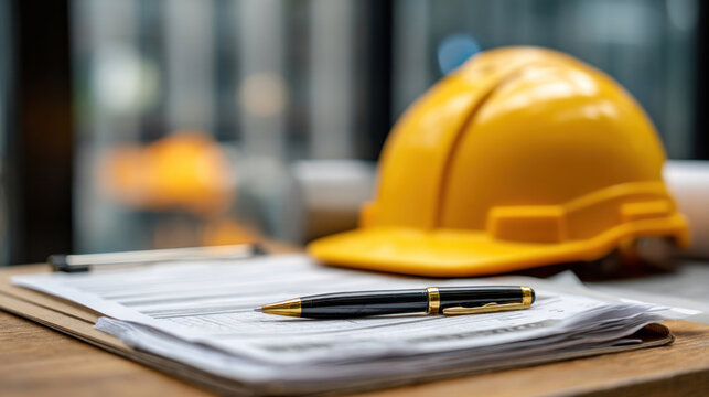 Close-up of construction helmet and printed legal forms, pen and clipboard on desk, symbol of safety compliance, law and engineering intersection in modern workspace setting