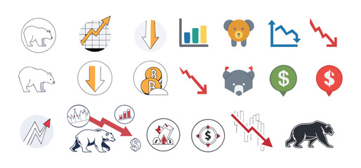 Financial market investment symbols and charts showing declining bearish market trends with arrows and graphs.