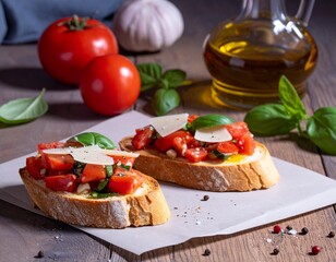 Świeżo przygotowana bruschetta na rustykalnym drewnianym stole. Chrupiące, złociste kromki chleba, lekko przypieczone i skropione oliwą z oliwek. Na nich aromatyczna mieszanka soczystych pomidorów