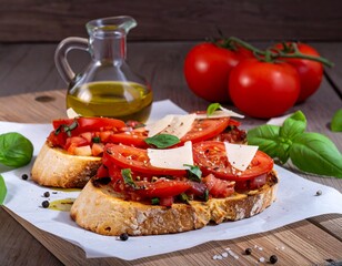 Świeżo przygotowana bruschetta na rustykalnym drewnianym stole. Chrupiące, złociste kromki chleba, lekko przypieczone i skropione oliwą z oliwek. Na nich aromatyczna mieszanka soczystych pomidorów