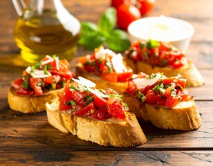 Świeżo przygotowana bruschetta na rustykalnym drewnianym stole. Chrupiące, złociste kromki chleba, lekko przypieczone i skropione oliwą z oliwek. Na nich aromatyczna mieszanka soczystych pomidorów