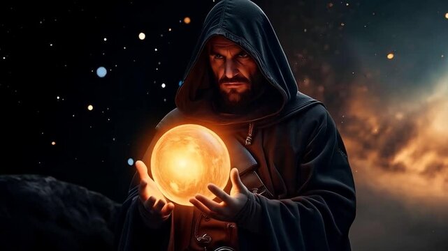 A man wearing a black hood holding a glowing orb with both hands, space and stars in the background, dark atmosphere, fantasy concept