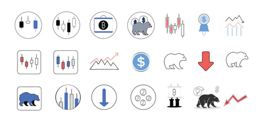 Obraz premium Vector illustration of financial trading and bearish market indicators including chart patterns and symbols.