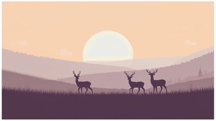 Silhouette of deer in the wild at sunset with mountains and grass, peaceful nature landscape illustration in warm tones.