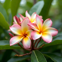 Naklejka premium Close Up of Blooming Flowers with Pink and Yellow Petals and Green Leaves