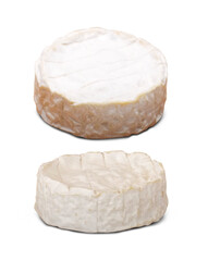Two whole rounds of Camembert cheese with soft bloomy rind isolated on background, ideal for gourmet food packaging, product display, or culinary design.