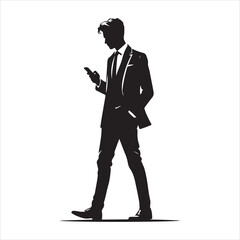 Obraz premium Man strolling on a city street, focused on his phone, relaxed body language, detailed vector silhouette , black colour vactor 