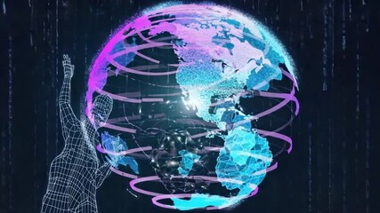 An abstract digital glowing 3D spiderweb data lines. virtual data scientist silhouette wireframe human visual. network light regions. Data blocks, graphs, code snippets orbit globe zero gravity - Powered by Adobe