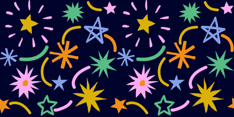 Seamless fun kid pattern with multicolor hand drawn stars. Colorful abstract background with fireworks. Childish cool geometric design for fabric, cover, banner, label, print, wrapping, wallpaper	
