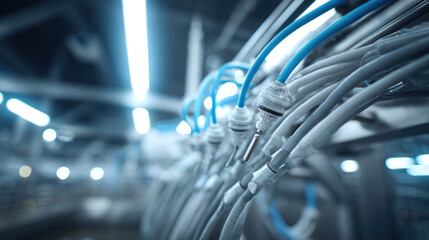 Close-up view of automated milking equipment connected to a cow's udder, clean and modern dairy facility, focus on tubes and machinery details, cool lighting, futuristic agriculture