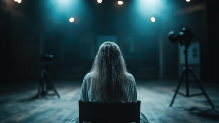 A mysterious image showing the silhouette of a person with long hair sitting in a chair, portrayed in dim lighting that creates an atmosphere of suspense and intrigue.
