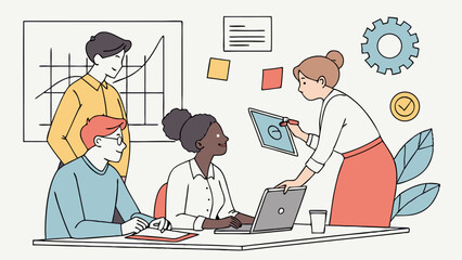 Business Strategy Session: A dynamic team of diverse professionals collaborating intently around a table, analyzing charts and data with focused determination. capturing the spirit of business.