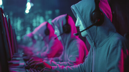 Criminal call center with multiple masked individuals in hoodies, wearing headsets and working at computers, dim neon lighting, cyber fraud and scam network theme