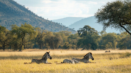 Zebras resting peacefully in the golden savanna a moment of calm amidst the African wilderness with distant mountains