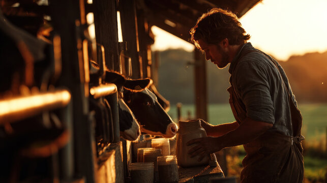 Detailed shot of farm worker milking cow by hand in open-sided cowshed, visible green pasture beyond, warm golden hour ambiance, focus on ethical dairy practices