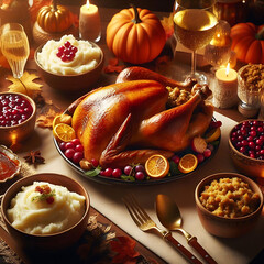 A traditional Thanksgiving table with roasted turkey, mashed potatoes, stuffing, and cranberry sauce. Generative AI