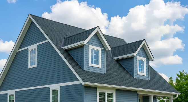 Blue suburban house with dormer roof under blue sky
