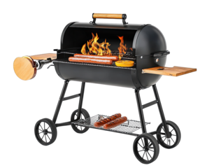 Black barrel smoker with food cooking
