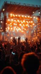 Excited audience at music festival captured in vertical frame, warm evening light, glowing accessories, DJ performing on lit stage, joyful party mood and atmospheric background