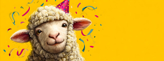 A cheerful sheep wearing a party hat adding fun to a vibrant celebration   -