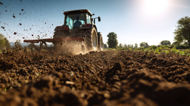 Fototapeta Farmer operating tractor on organic farmland, low-angle shot highlighting soil movement and environmental impact, clear weather and natural surroundings