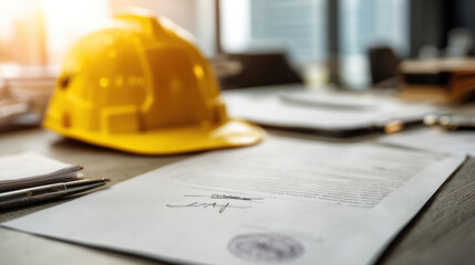 Flat lay of construction site documents, yellow hard hat, legal papers with signatures and stamp, office table under soft light, theme of regulation and on-site safety management