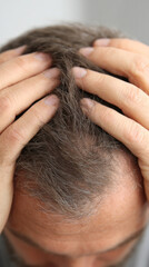 Naklejka premium Focused shot of hands holding sections of weak, thinning hair, crown area slightly bald, high-detail on natural strands, vertical frame with white space