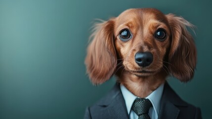 A charming dog dressed in a business suit exudes confidence and style, portraying a whimsical take on professionalism while adding humor to its serious expression in the frame.