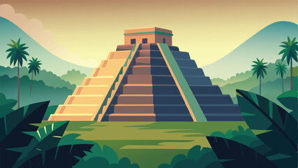 Mayan pyramid chichen itza mexico jungle landscape illustration