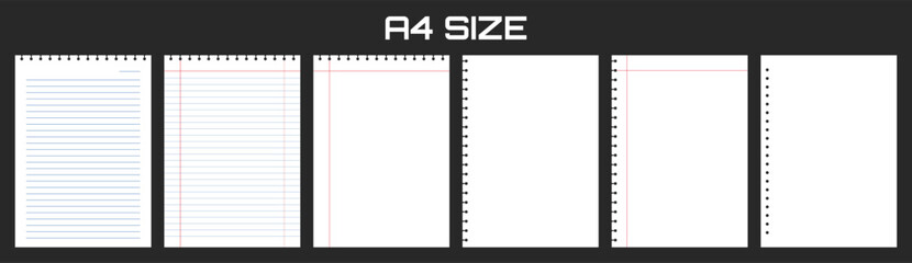 A4 sized collection displays spiral notebooks with lined, plain, and dotted paper sheets