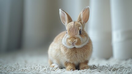 A cute brown rabbit with expressive eyes sits on a soft carpet, embodying cuteness and warmth which captivates anyone who gazes at its adorable appearance.